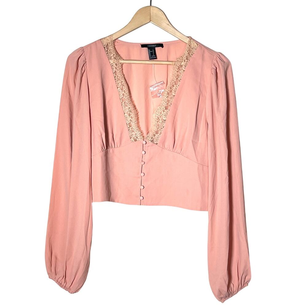 Forever 21 pink long sleeve lace trim blouse top shirt size large L B198
